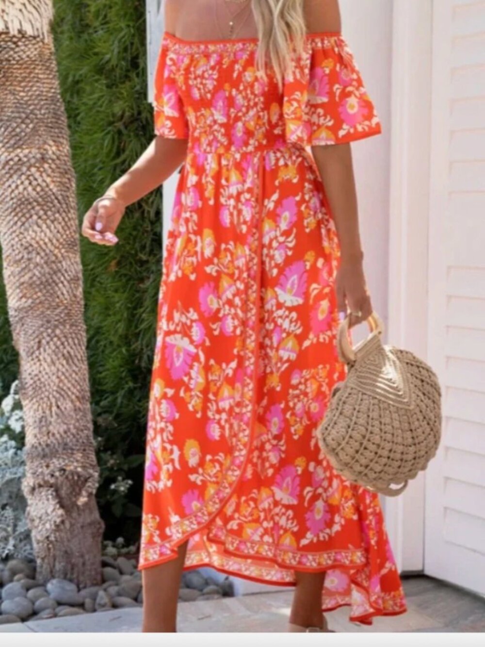 Flying Tomato/Vici  Red & Pink Floral Off-Shoulder Maxi Dress